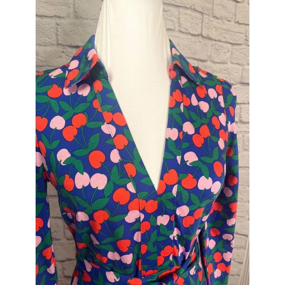 Boden Imogen Cherries Collar Dress Belted Ladies Size 2P Blue Pink Red - Picture 3 of 10